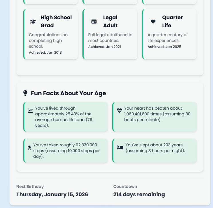 Modern Age Calculator Website with Life Tracker | Detailed Time Breakdown + Fun Facts | Responsive UI + Full Source Code